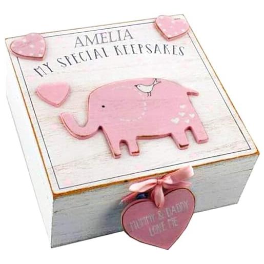 Hoolaroo scatola dei ricordi personalizzata con elefante, scatola dei ricordi per bambini, in legno, stile vintage, decorazione per la stanza (rosa, standard)