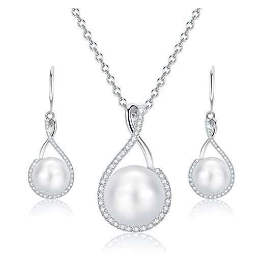 ankbrats set di gioielli di perle con collana e orecchini, in argento 925 aaa zirconi schumck set, collana di perle bianche e perle coltivate d'acqua dolce per donne e ragazze, argento sterling, zirconia