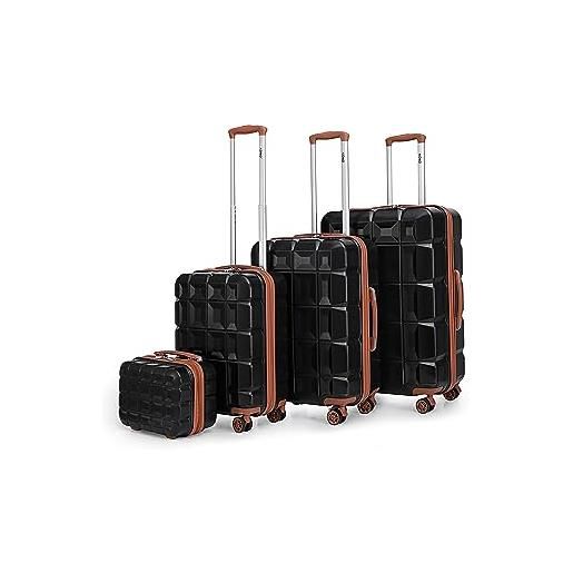 KONO set di 4 valigie rigida trolley abs bagaglio a mano 54cm | valigia media 62cm | valigia grande 72cm con tsa lucchetto e 4 ruote + borsa da toilette, nero/marrone