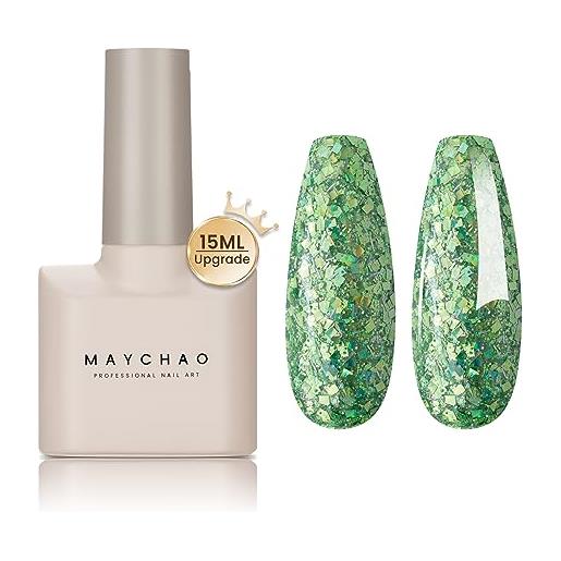 MAYCHAO smalto gel per unghie, 15 ml, verde glitterato, verde con glitter, ideale per nail art, manicure e salone fai da te, casa (paillettes verdi)