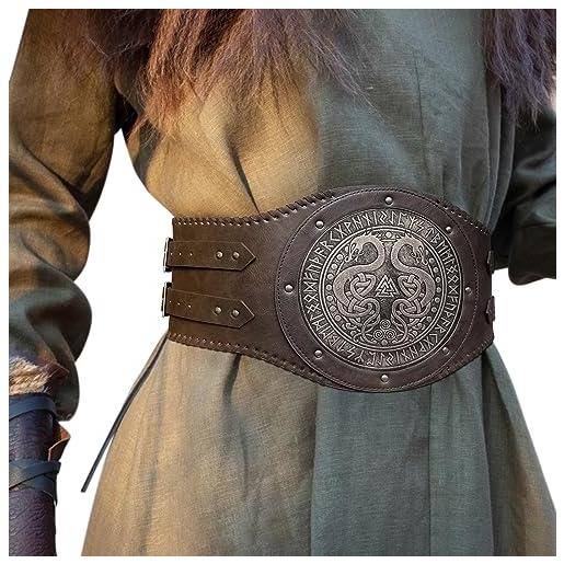 HiiFeuer armatura da vita vichinga con doppio drago in rilievo, cintura larga in ecopelle norrena vintage, cintura corsetto mercenario medievale (marrone a)