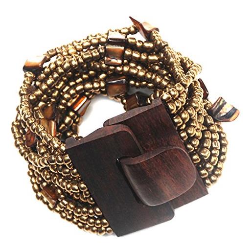 IndoMode - braccialetto in legno con perline etniche color oro, con fibbia in legno