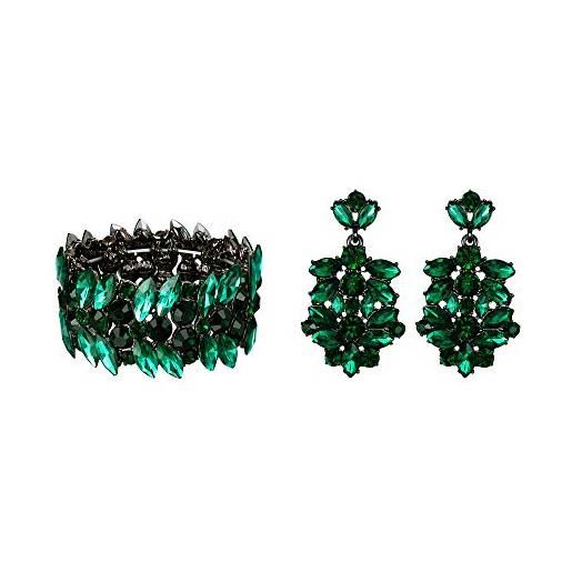 EVER FAITH cristallo austriaco sbalorditivo sposa jewelry grande gatsby forate orecchini braccialetto set verde nero-fondo