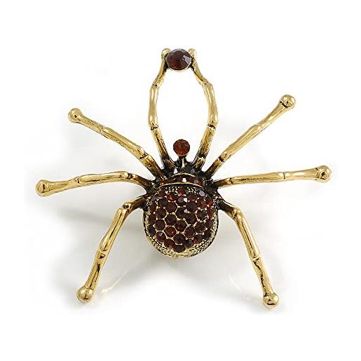 Avalaya spilla a forma di ragno, placcata in oro, con strass color ambra, lunghezza 6,5 cm, misura unica, pietre preziose, metallo