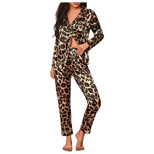 Zukmuk donna 2 pezzi pigiama set in raso camicia a maniche lunghe + pantaloni pigiama casual (leopardo, l)