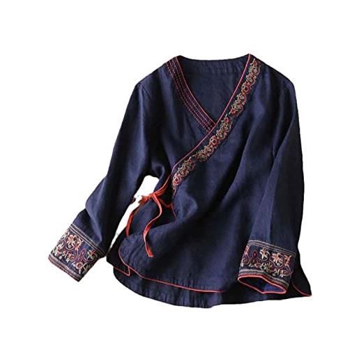 JXQXHCFS camicia tradizionale donne cinese vintage camicetta manica lunga hanfu tang abito ricamo zen abbigliamento, blu navy, xl