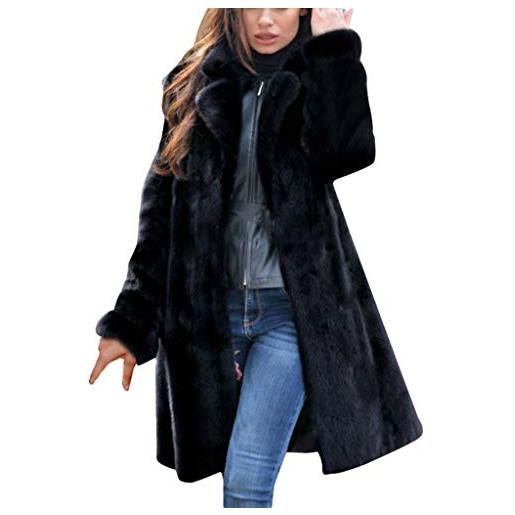 TDEOK giacca di pelliccia da donna nera, elegante giacca in pelliccia di microfibra, maxi cappotto invernale in pelliccia sintetica per le mezze stagioni, lunga e spessa, calda giacca invernale