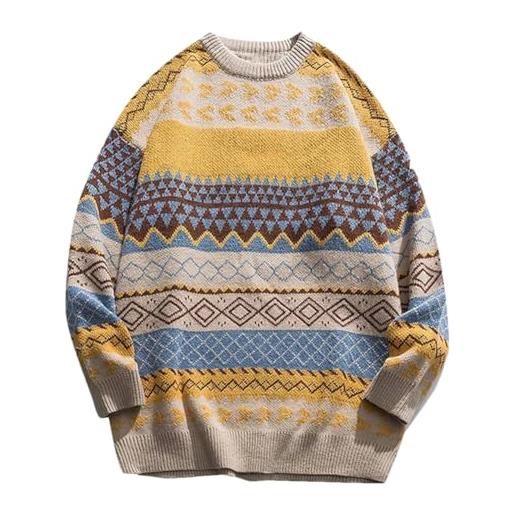 Generic maglione a righe casual da uomo maglione vintage jacquard pullover maglione girocollo in lana, giallo, m