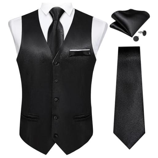 Ownwfeat gilet da uomo in raso nero con tasca cravatta gemelli quadrati da uomo matrimonio classico business smoking gilet, mj-0631, m