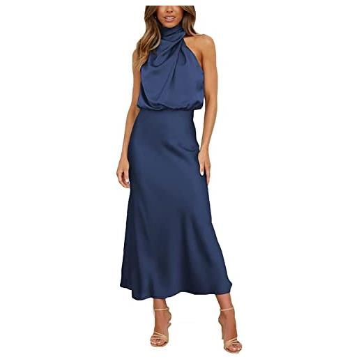 DAVNO maxi abito da donna abito da cerimonia nuziale in seta abito lungo senza maniche elegante abito da cocktail avvolgente con scollo all'americana (color: a, size: m)