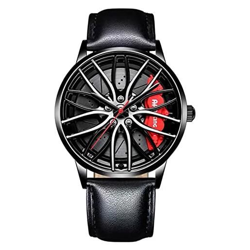 RWXCOW orologio da polso da uomo, al quarzo, particolare decorazione del quadrante a forma di cerchione di auto sportiva, impermeabile e sportivo, design personalizzato 3d, ago rosso per cintura nera