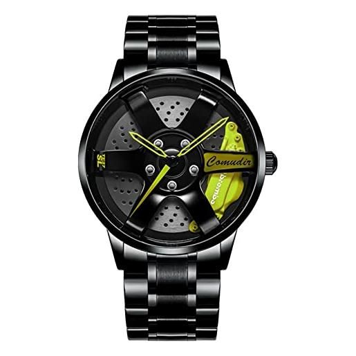 RWXCOW orologio da uomo creativo, orologio da polso, per auto, mozzo ruota auto, mozzo, orologio da uomo, sportivo, impermeabile, 3d per auto, cerchione, cintura in acciaio nero con ago giallo, bracciale