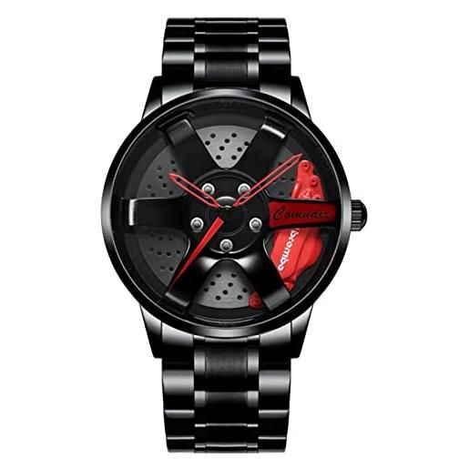 RWXCOW orologio da polso da uomo, al quarzo, particolare decorazione del quadrante a forma di cerchione di auto sportiva, impermeabile e sportivo, design personalizzato 3d, ago in acciaio nero