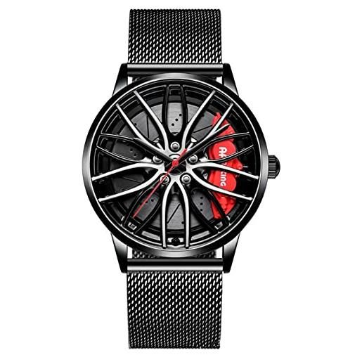 RWXCOW orologio da polso da uomo, al quarzo, particolare decorazione del quadrante a forma di cerchione di auto sportiva, impermeabile e sportivo, design personalizzato 3d, ago per rete nera