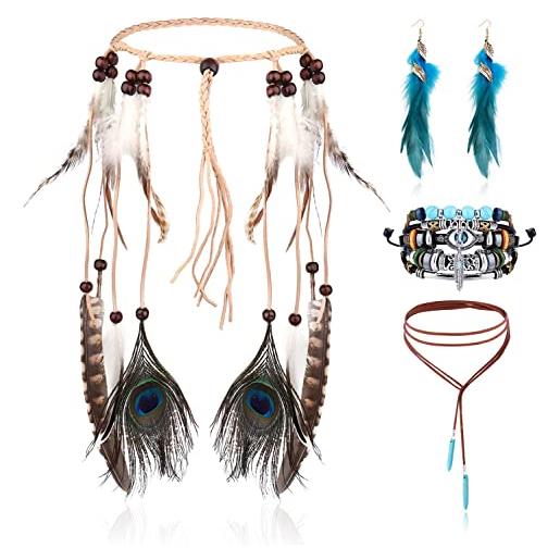 LOLIAS 4 pezzi copricapo boho indiano set collana pelle orecchini piume per donna braccialetto fatto mano vintage hippie tribale festa tema carnevale gioielli