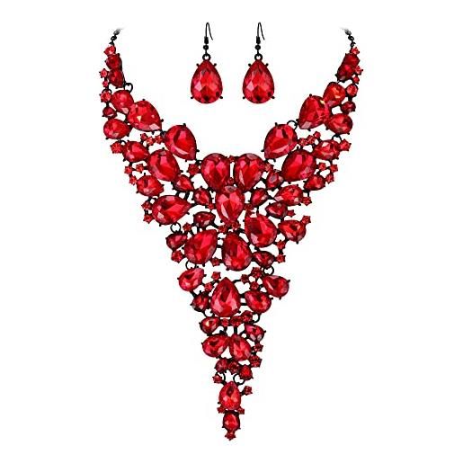 EVER FAITH matrimonio set gioielli, cristalli floreale strass collana goccia orecchini set rosso