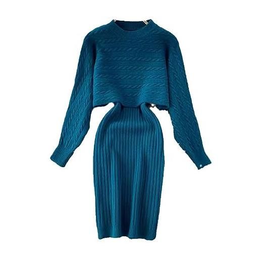 Everyiod knitted sweater dress set - women's sweater loose blouse top pullover two-piece set blue green knitted camisole dress set lazy style knitted set sweater dress two-piece set, as shwon, one size
