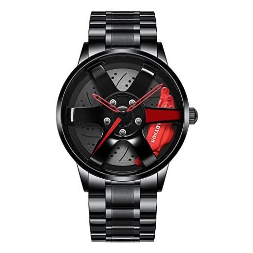 MIDYUID orologio da polso da uomo creativo cerchione auto mozzo al quarzo sportivo impermeabile design personalizzato forma di cerchione auto 3d orologio a ruota (red-01)