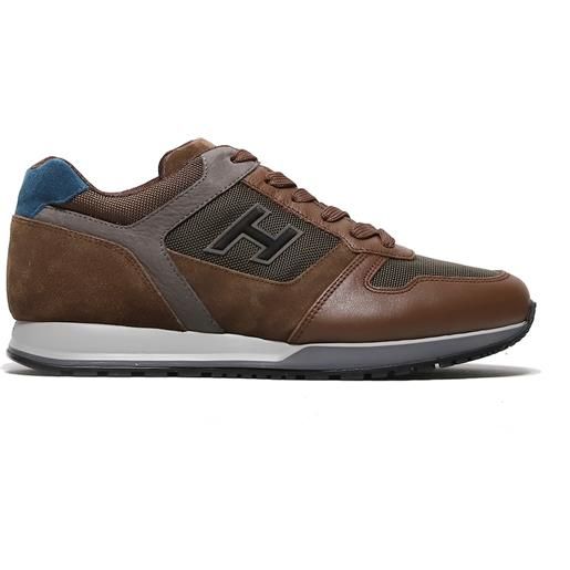 Hogan sneaker h321 in pelle e tessuto tecnico marrone e verde oliva