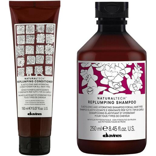 Davines naturaltech replumping shampoo + conditioner 250+150ml - rituale elasticizzante idratante tutti tipi di capelli