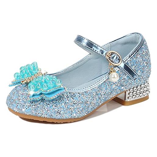 YOSICIL principessa scarpe con tacco da bambine e ragazze con fiocchi scarpe da principessa con paillettes ragazza ballerine glitterate scarpe eleganti partito e carnevale, rosa, 38