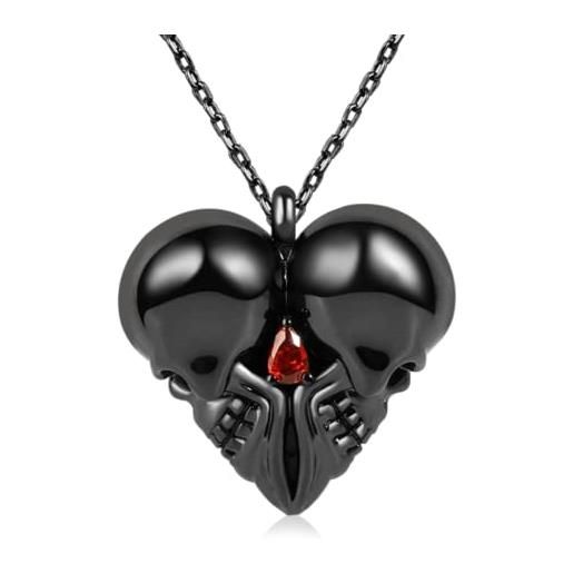 GNOCE collana con doppio teschio collana con cuore in argento sterling 925 placcato nero con pietra di zirconi rossi regalo di halloween per donna uomo
