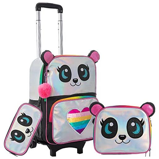 HTgroce trolley panda per zaino scuola elementare 3 in 1 , cartella con ruote, per bambina, regalo scolastico