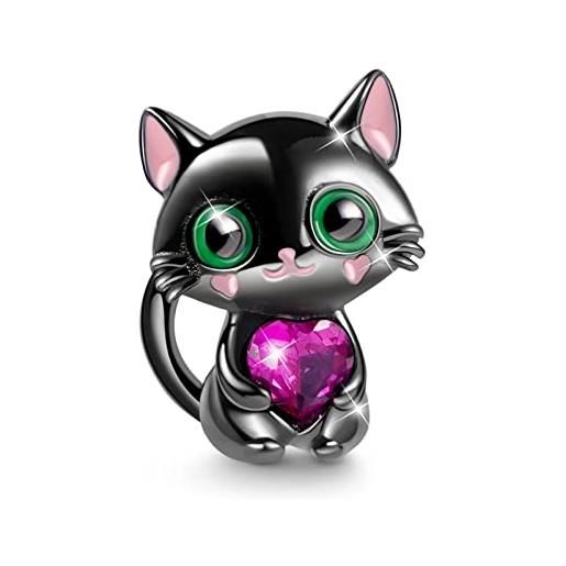 GNOCE gatto nero che abbraccia cuore pietre preziose charm bead sterling silver fit braccialetto/collana gioielli regalo per le donne ragazze figlia uomini