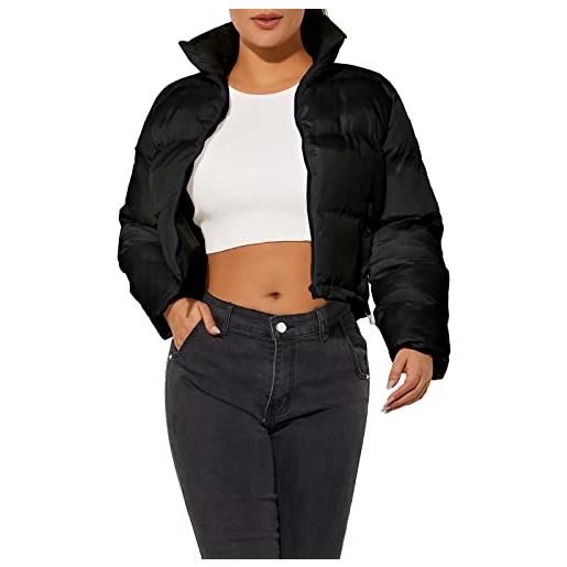Hujoin giacca piumino con cerniera donna colletto in piedi piumino corto superficie donna crop calda tinta unita inverno giacca in cotone