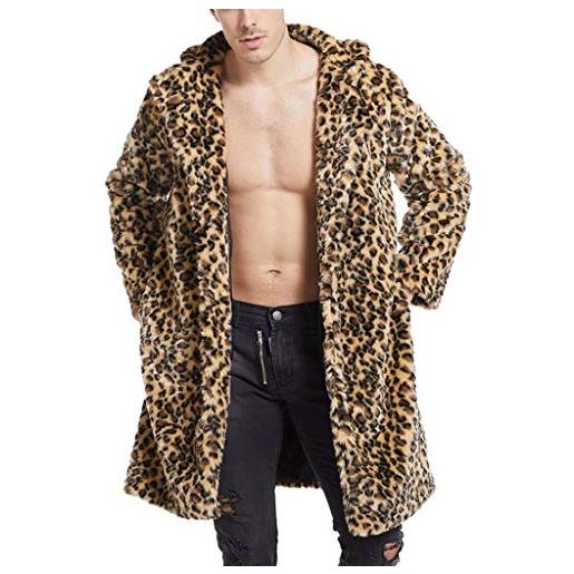 Enaamiaz 2023 giacca lungo uomo invernale giacca leopardato cappotto peluche senza zip giacche outwear di pelliccia sintetica da uomo elegante inverno parka cardigan uomo lungo