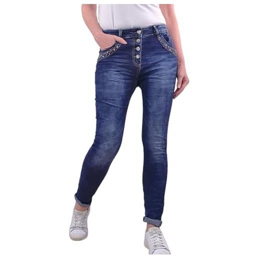Jewelly jeans elasticizzati da donna, pantaloni boyfriend con bottoni decorativi per gioielli, pantaloni in denim con strass, denim glitterato, l