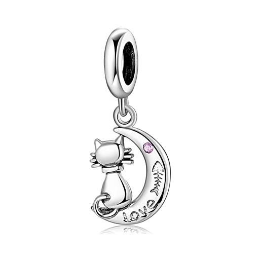 GNOCE ciondolo gatto charms 925 sterling silver pesce animale charms per donne ragazze regali per la festa della mamma adatto per bracciale/collana (gatto luna)