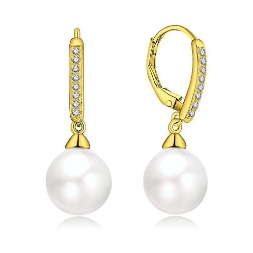 JO WISDOM orecchini perle argento 925 donna con 10mm perle aaa zirconia cubica con placcato in oro giallo