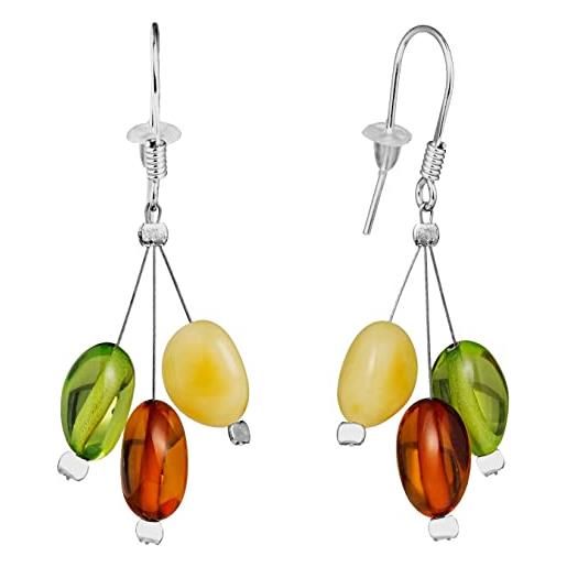 Amber by Mazukna - gioielli in ambra per donne, orecchini pendenti in ambra naturale multicolore, gioielli con gemme leggere, orecchini in argento, argento, ambra