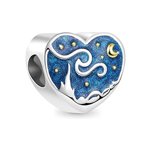 GNOCE perla di fascino della stella della luna 925 ciondoli a cuore in argento sterling con smalto motivo a doppia faccia adatto a bracciale/collana per le donne ragazze regalo (cuore)