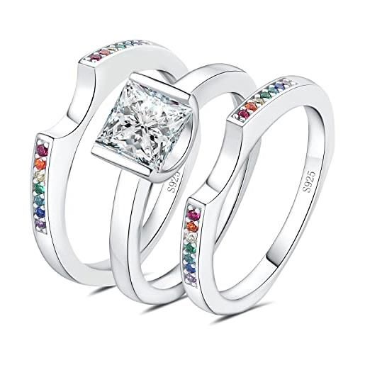 JewelryPalace 1.24ct arcobaleno anello solitario donna argento con cubica zirconia, 3 anelli impilabili donna 925 con pietre colorate a taglio principessa, fedi nuziali matrimonio set gioielli donna