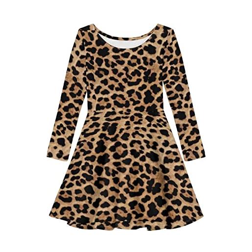 HUIACONG abito da ragazza a maniche lunghe a trapezio per bambini per 3-16 anni, motivo ghepardo con stampa leopardata, 7-8 anni