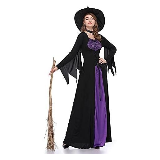 SISAY costume da strega donna vestito lungo abito manica lunga con cappello da strega viola e nero vestito da festa di halloween carnevale per adulto