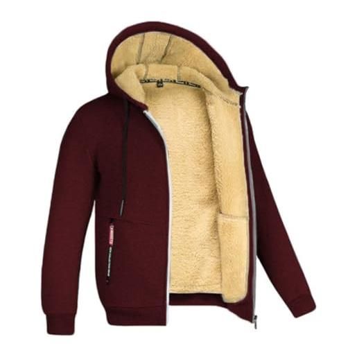 Aobiono giacca in pile da uomo e donna, foderata in sherpa, con cappuccio, oversize, calda, calda, spessa, soffice, per attività all'aperto, vino rosso, x-large