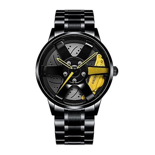 MIDYUID orologio da polso da uomo creativo cerchione auto mozzo al quarzo sportivo impermeabile design personalizzato forma di cerchione auto 3d orologio a ruota (yellow-01)