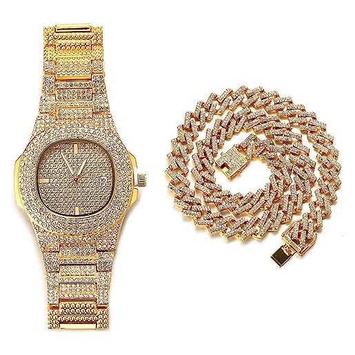 HALUKAKAH quadrante ovale orologio oro con diamanti, uomo placcato oro vero 18k quarzo cinturino 24cm, con catena da cubane collana 45cm, con pacco regalo