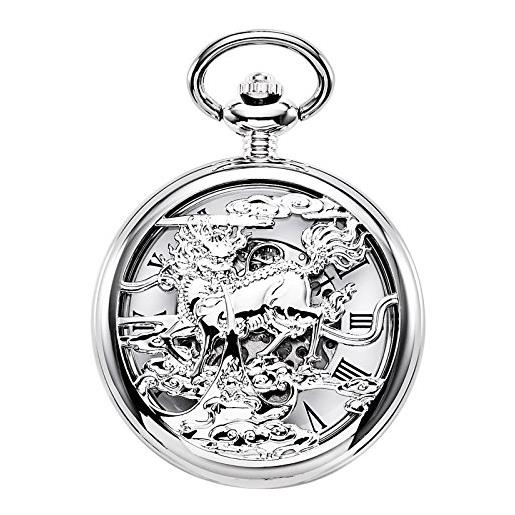 TREEWETO orologio da tasca con catena, da uomo, argento con unicorno, stile retrò, numeri romani, orologio da tasca meccanico