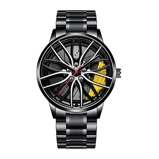 MIDYUID orologio da polso da uomo creativo cerchione auto mozzo al quarzo sportivo impermeabile design personalizzato forma di cerchione auto 3d orologio a ruota (yellow-02)