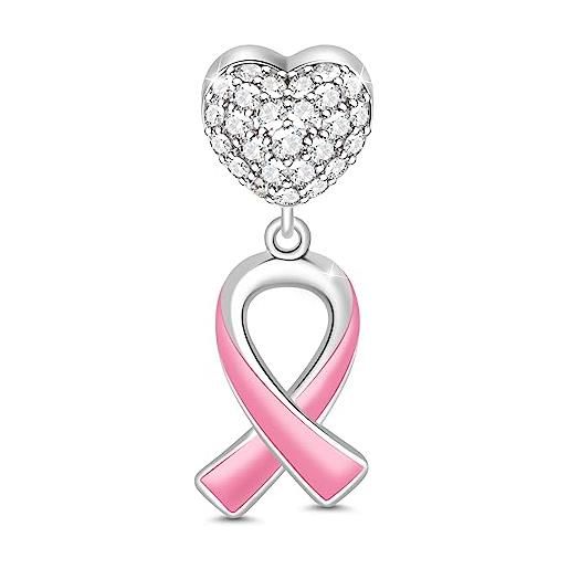 GNOCE charm per la sensibilizzazione al cancro al seno in argento sterling 925 con nastro in smalto rosa per donne, regalo di gioielli con perle per lei