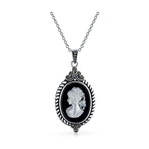 Bling Jewelry vintage estate style nero madre di perla conchiglia bianca intagliata vittoriana signora ritratto cameo collana per donne marcasite telaio ossidato. 925 argento
