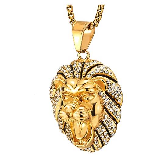 COOLSTEELANDBEYOND colore oro leone re ciondolo con zirconi e smalto nero strisce, collana con pendente da uomo donna, acciaio