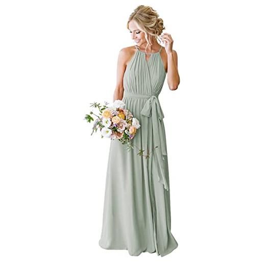 HPPEE beach maid of honor abiti elegante lungo halter pieghettato floreale volant abiti da sera festa per le donne, verde salvia, 42