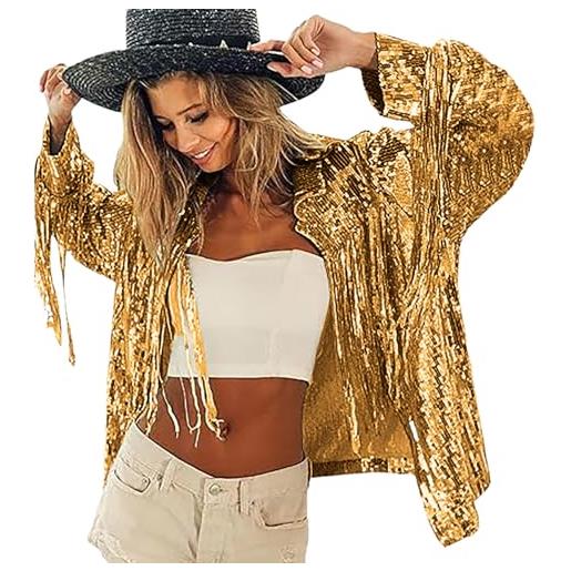 MNRIUOCII giacca corta da donna con frange, alla moda, a maniche lunghe, con frange, anni '60, anni '70, hippie, gold, taglia unica