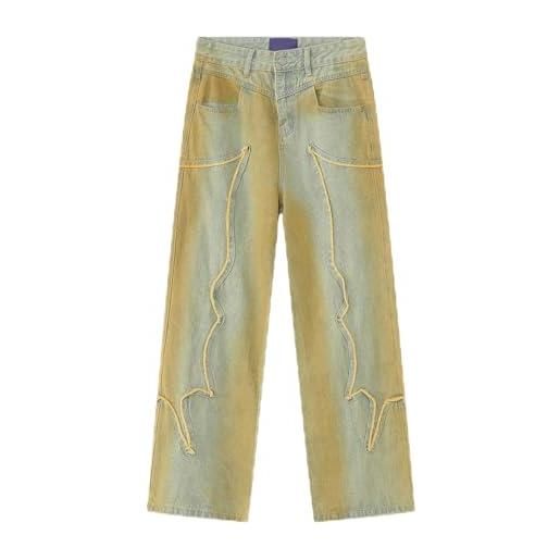 CABULE pantaloni dritti slim da uomo, vecchi e popolari jeans larghi lavati retrò di high street-colorante giallo-m