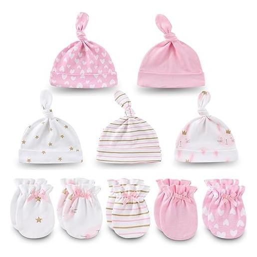 Ecojoy newborn baby 5 cappelli e 5 paia di guanti antigraffio per neonati, ragazzi e ragazze, età 0-6 mesi, 100% cotone, set coniglio, taglia unica